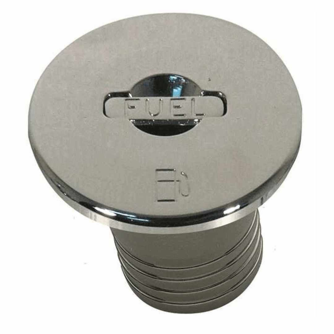 Tappo imbarco carburante in acciaio inox cromato, testa rotonda con scritta FUEL, collo filettato Ø 50 mm