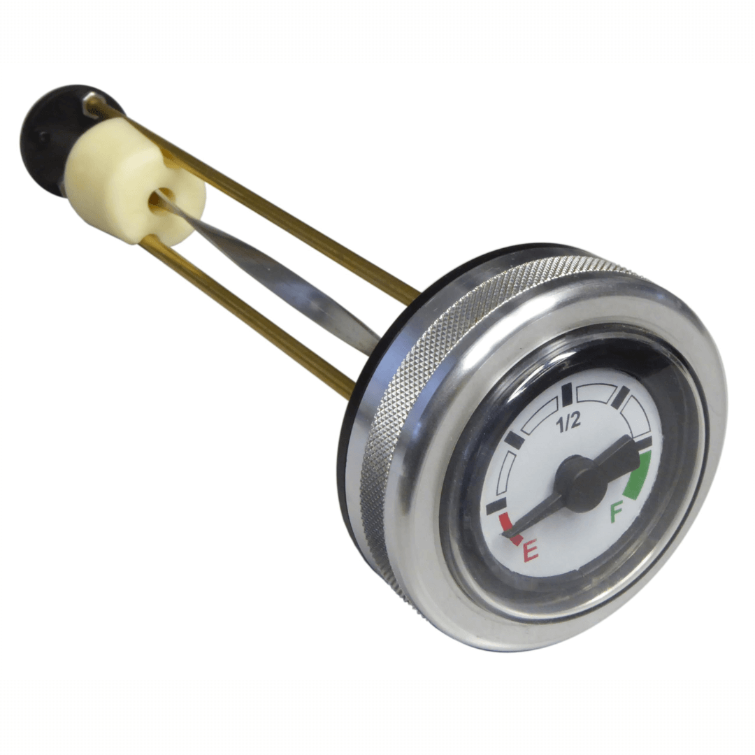 Tappo carburante con livello meccanico integrato, scocca cromata, indicatore E-1/2-F e braccetto ottone