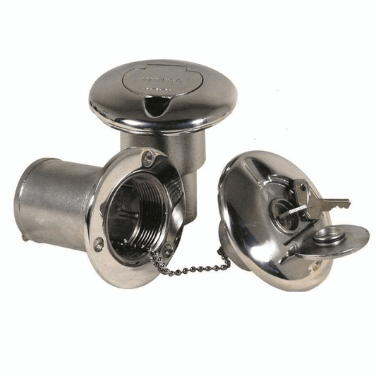 Tappo di imbarco carburante inox con serratura R.I.N.A., collo Ø38mm, cromato lucido, con catenella e chiavi