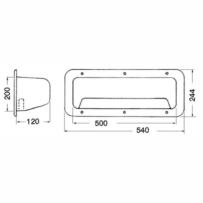 Scheda tecnica tasca laterale bianca 540x244x120 mm con dimensioni e viste frontale e laterale