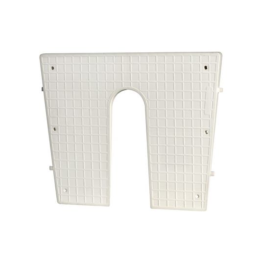 Piastra salvapoppa bianca 420x340mm in plastica con apertura ad arco centrale, forma angolata