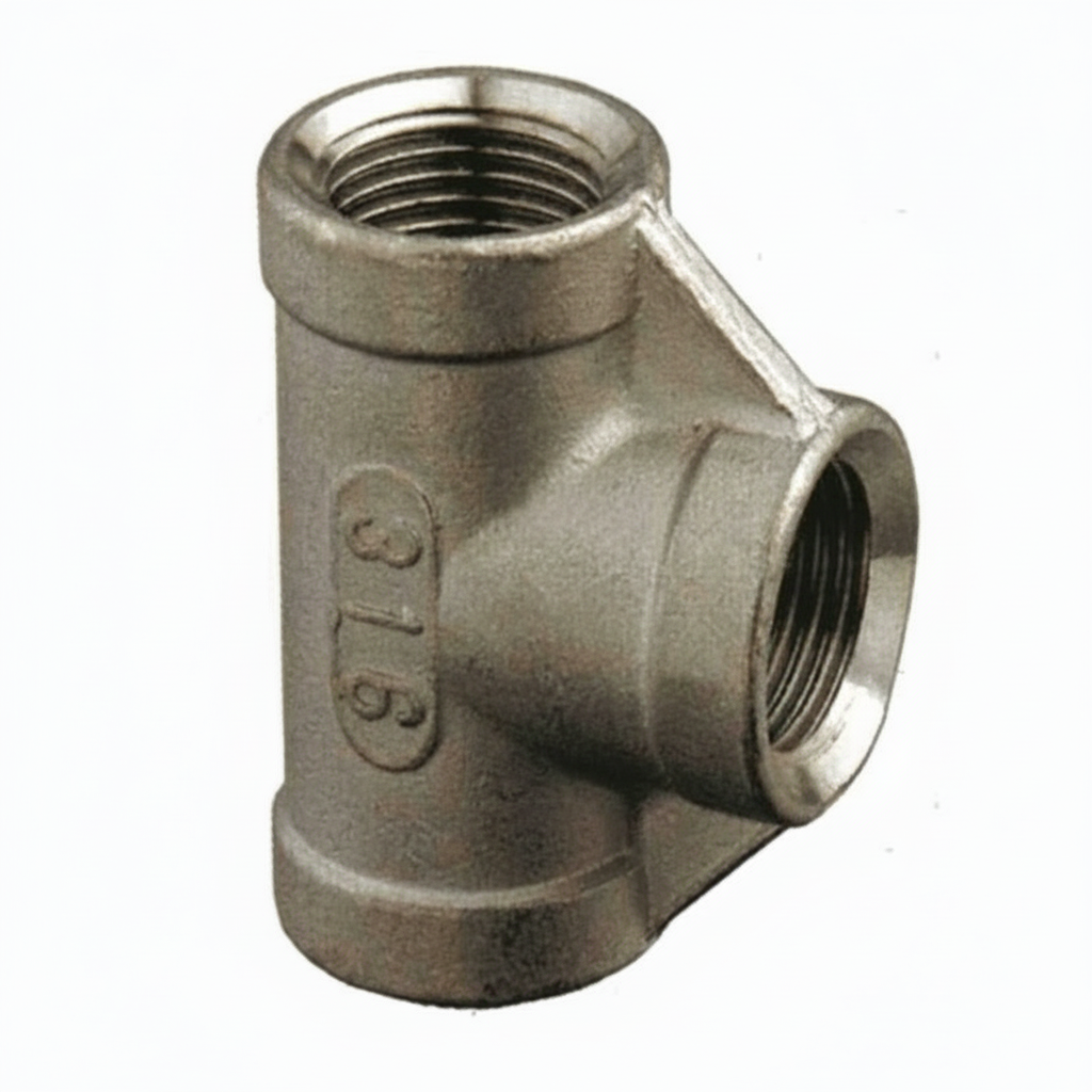 Raccordo T filettato femmina in acciaio inox AISI 316 con tre vie, colore grigio argento