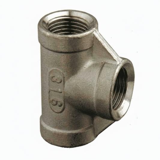 Raccordo T filettato femmina in acciaio inox AISI 316 con tre vie, colore grigio argento
