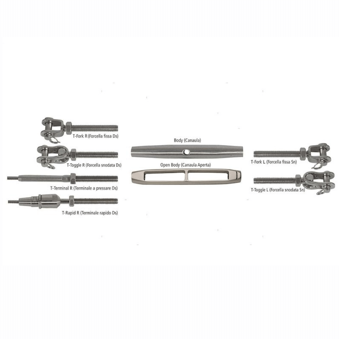Componenti modulari tenditori inox: forcelle, toggle, terminal, rapid e corpi canaula aperti e chiusi