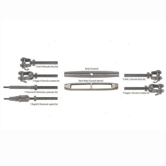 Componenti modulari tenditori inox: forcelle, toggle, terminal, rapid e corpi canaula aperti e chiusi