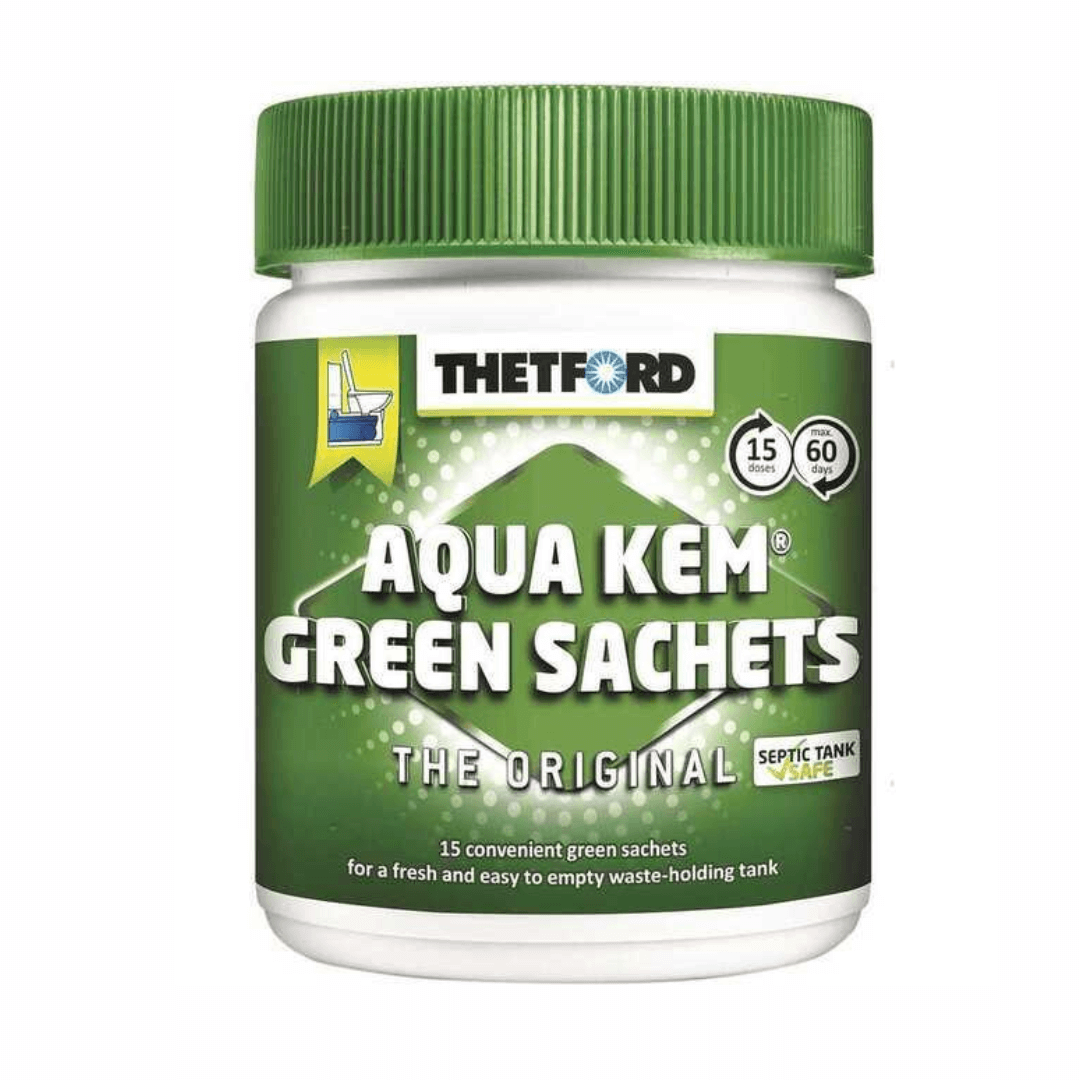 Thetford Aqua Kem Green Sachets, barattolo bianco con tappo verde, 15 bustine ecologiche per WC chimici