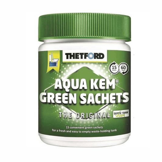 Thetford Aqua Kem Green Sachets, barattolo bianco con tappo verde, 15 bustine ecologiche per WC chimici