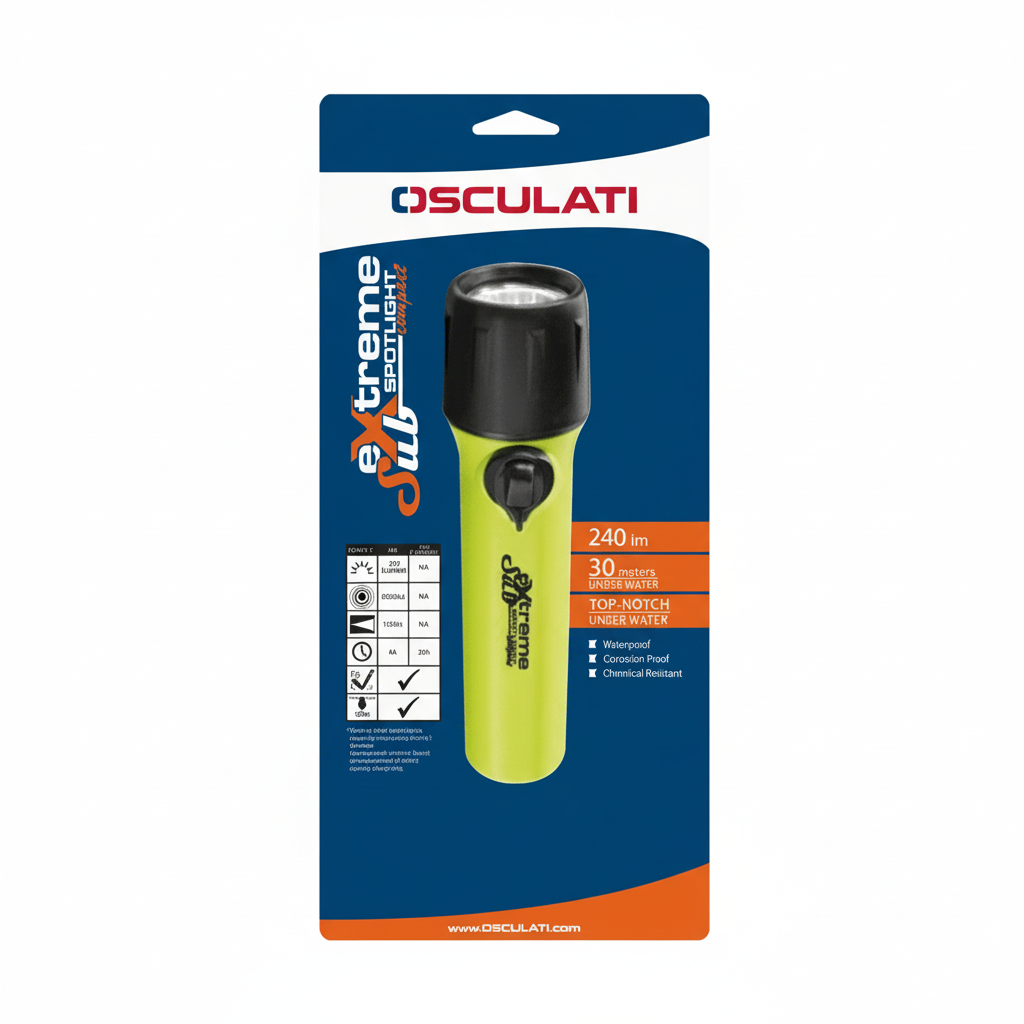 Torcia subacquea a LED Sub-Extreme Compact (Cod. 12.170.04), impermeabile IPX8 fino a 30m, 240 Lumen, colore Giallo Fluo. custodia