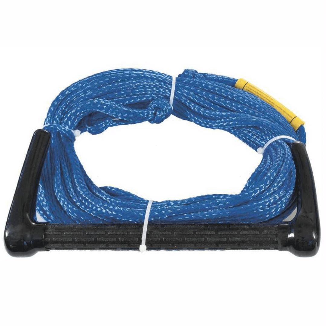 Corda traino sci d'acqua blu arrotolata con manico nero ergonomico bimanuale
