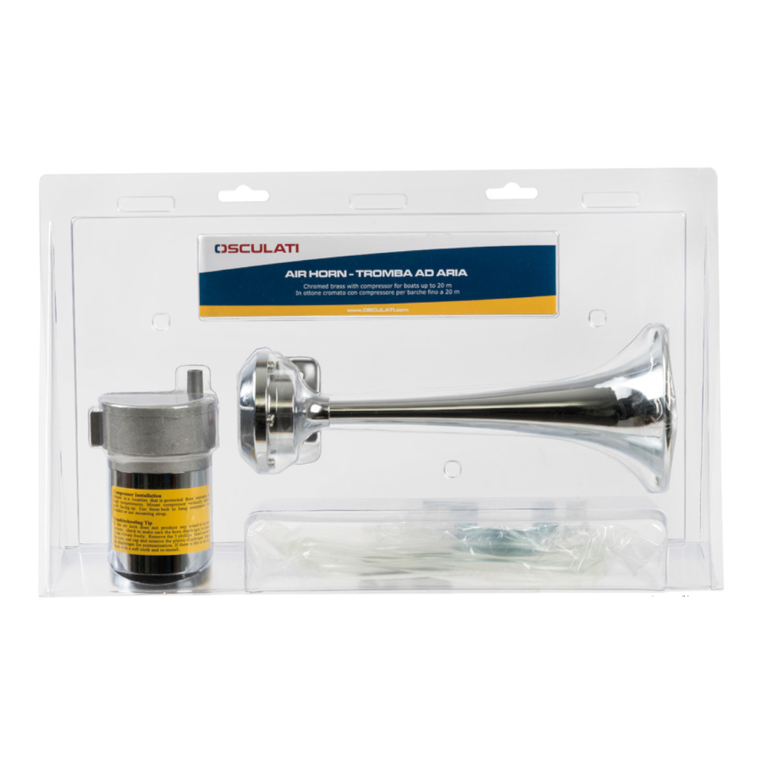 Tromba ad aria in ottone cromato con compressore elettrico, kit completo in blister
