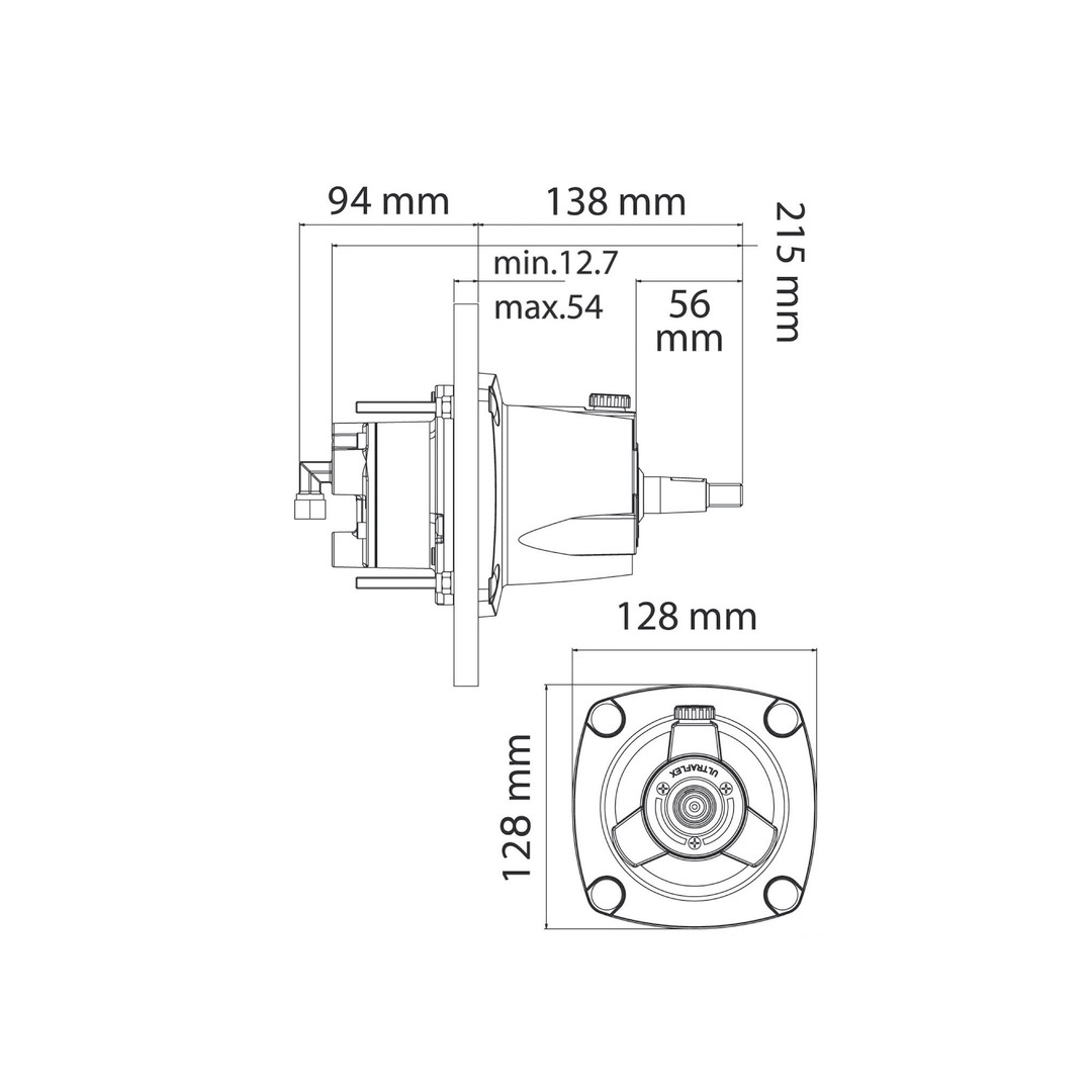 Scheda tecnica timoneria Ultraflex Gotech con dimensioni: 215x128x128mm, profondità min.12,7-max.54mm
