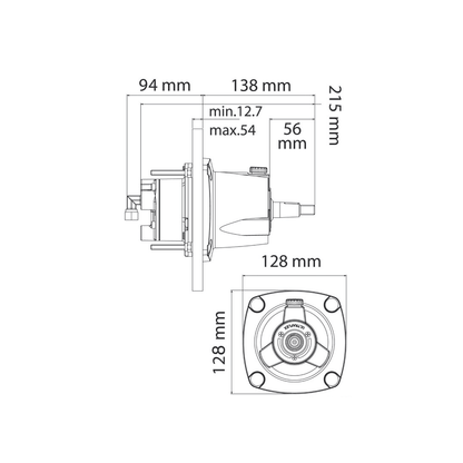 Scheda tecnica timoneria Ultraflex Gotech con dimensioni: 215x128x128mm, profondità min.12,7-max.54mm