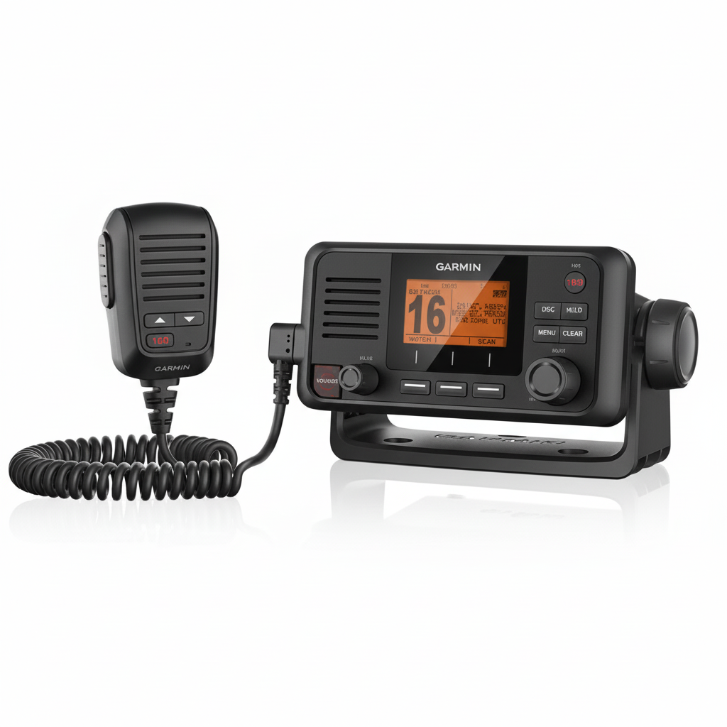 Radio VHF Garmin 115i nera con microfono a spirale, display LCD arancione, tasti DSC e MENU