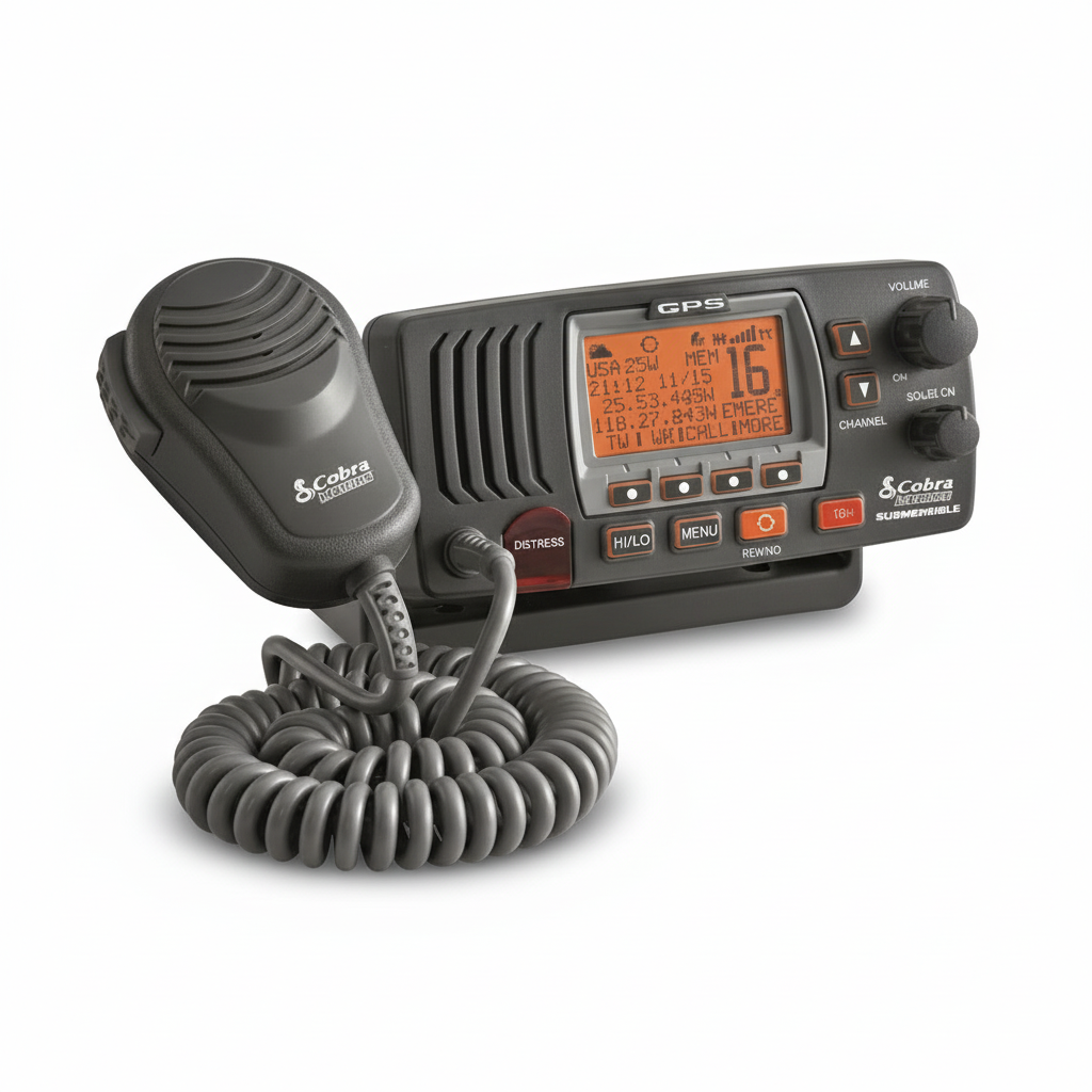 Radio VHF DSC Cobra Marine MR F77 EU nera con microfono a spirale e display GPS arancione