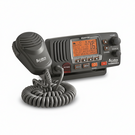 Radio VHF DSC Cobra Marine MR F77 EU nera con microfono a spirale e display GPS arancione