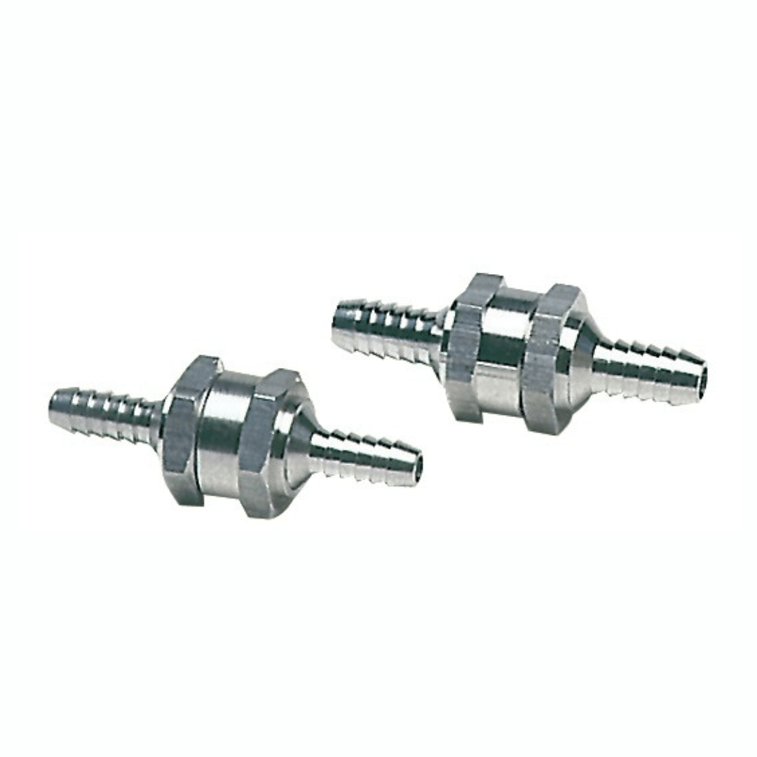 Coppia valvole non ritorno carburante Ø 10mm in acciaio inox lucido con innesti a spine dentate