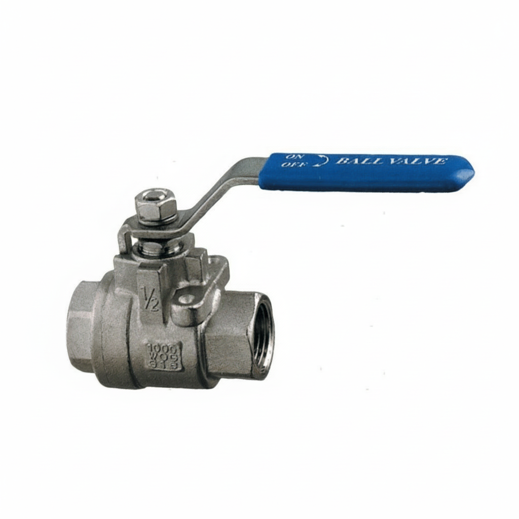 Valvola a sfera inox 1/2" con leva blu ON/OFF, corpo in acciaio inossidabile, 1000 WOG