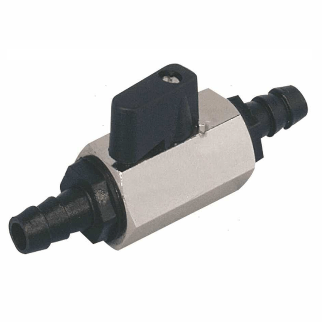 Valvola carburante in metallo cromato con 2 raccordi neri da 10mm e leva di apertura