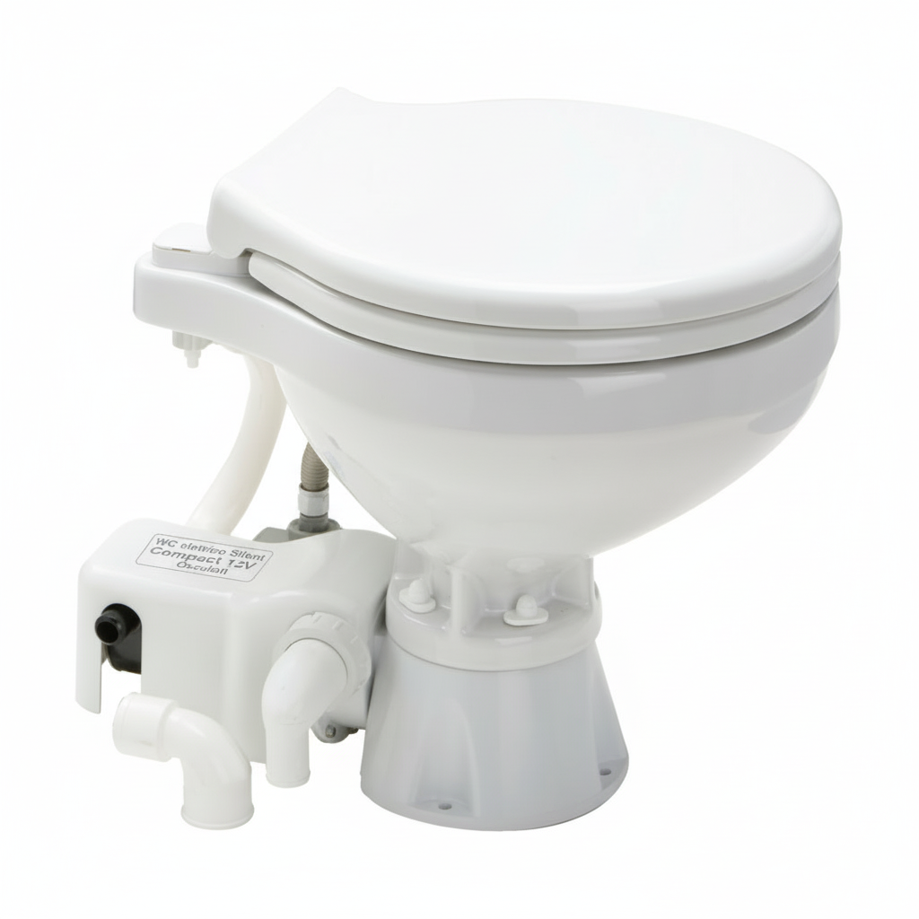 WC elettrico Silent Compact 12V bianco con pompa laterale grigia e sedile chiuso