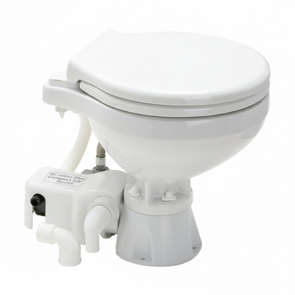 WC elettrico Silent Compact 12V bianco con pompa laterale grigia e sedile chiuso