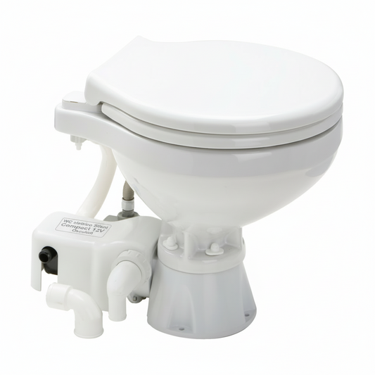 WC elettrico Silent Compact 12V bianco con pompa laterale grigia e sedile chiuso