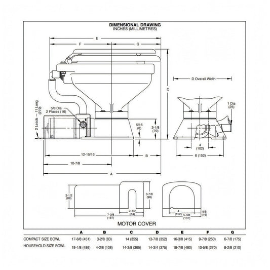 WC Jabsco Compact, disegno tecnico con dimensioni