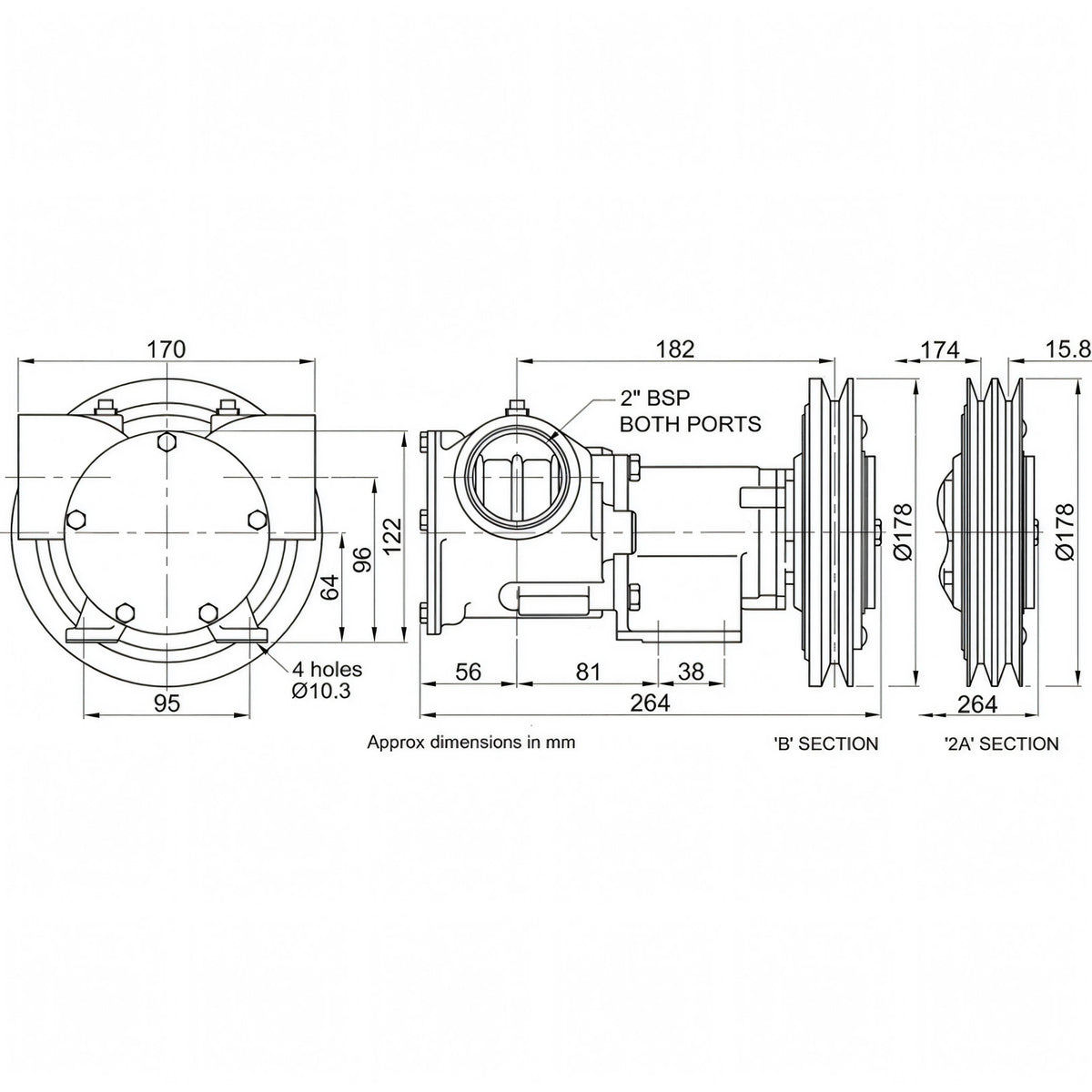 Disegno tecnico quotato della pompa Jabsco in bronzo da 2" con misure e attacchi BSP
