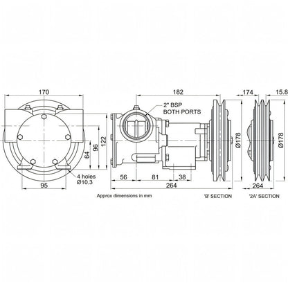Disegno tecnico quotato della pompa Jabsco in bronzo da 2" con misure e attacchi BSP