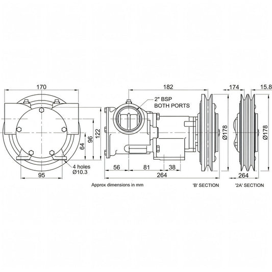 Disegno tecnico quotato della pompa Jabsco in bronzo da 2" con misure e attacchi BSP