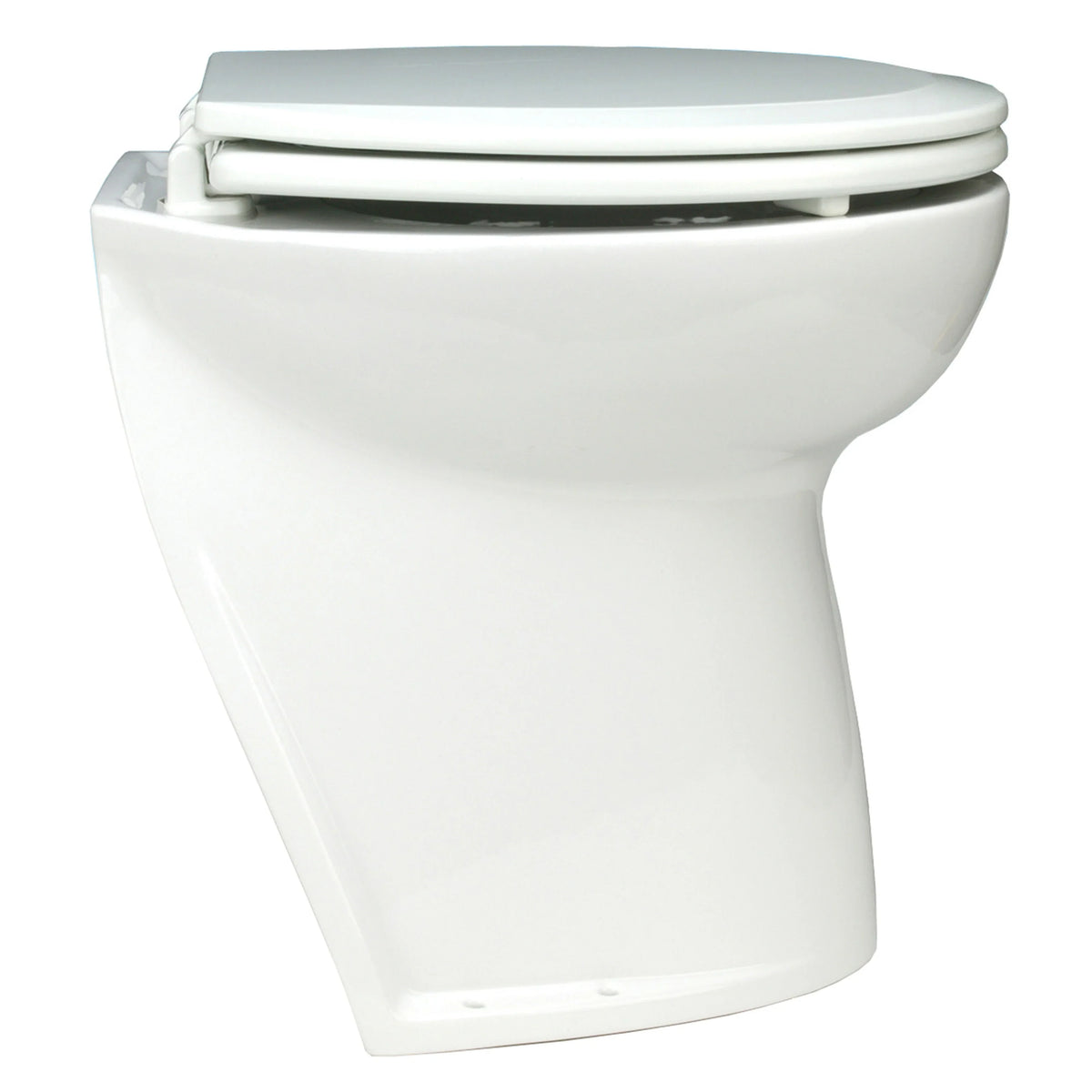 WC elettrico Jabsco Delux Flush in ceramica bianca, vista da un'altra angolazione