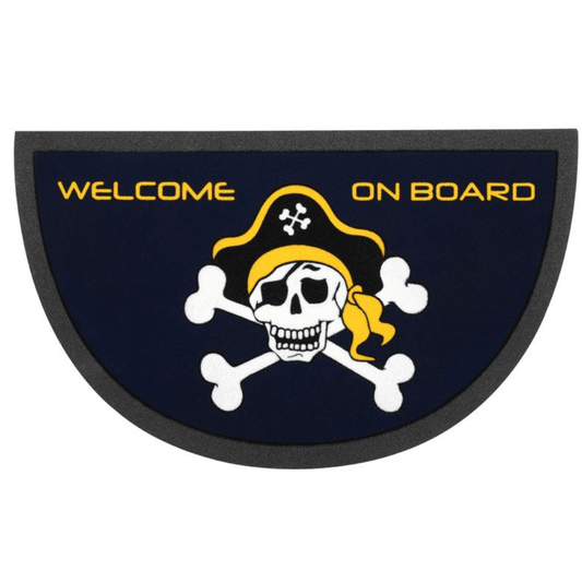 Zerbino nautico semicircolare blu con teschio pirata e scritta "Welcome On Board" in giallo, 40x68 cm
