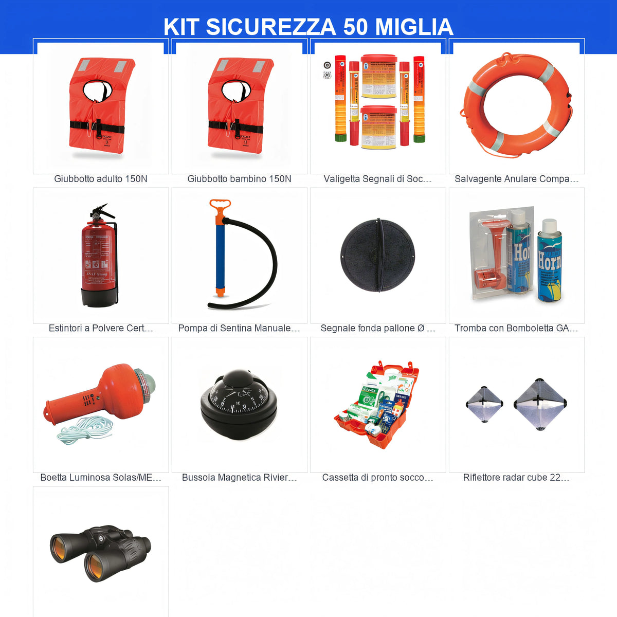 Kit dotazioni di sicurezza entro 50 miglia — articoli inclusi