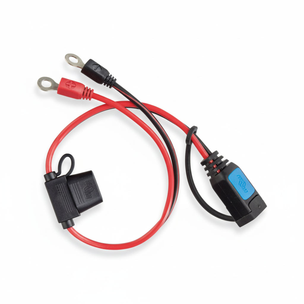 Gamma di cavetti e connettori originali Victron per caricabatterie BlueSmart IP65: occhielli M6, presa accendisigari e pinze professionali.