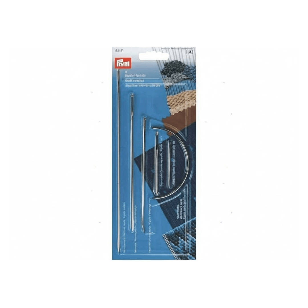 Aghi riparazione vele Prym 6 pz. in acciaio, set con aghi dritti e curvo in blister blu