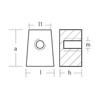Scheda tecnica Anodo a Cubo in Alluminio Yamaha 25-60 HP con dimensioni a, l, l1, h, m