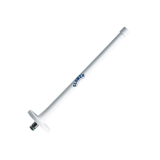 Antenna radio AM/FM nautica Glomex in nylon flessibile nera, compatta con base e cavo incluso.