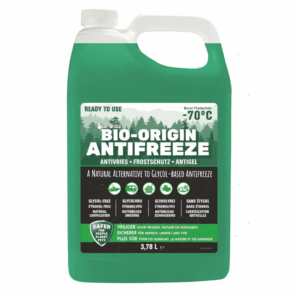 Antigelo Star Brite Bio-Origin pronto all'uso, formulato con materiali di origine naturale, efficace per protezione dal gelo fino a -28°C e dallo scoppio fino a -70°C.