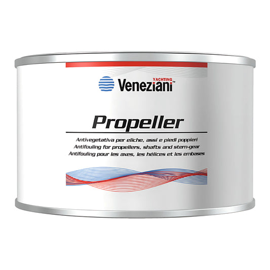 Antivegetativa Veneziani Propeller a matrice dura esente da rame per eliche assi e gruppi poppieri disponibile in bianco grigio e nero confezione 0,25 litri