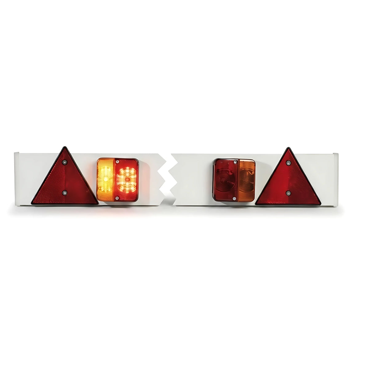 Barra posteriore in plastica con luci 120 cm 12V kit completo con fanali spina 7 poli e triangoli riflettenti per carrelli portabarche