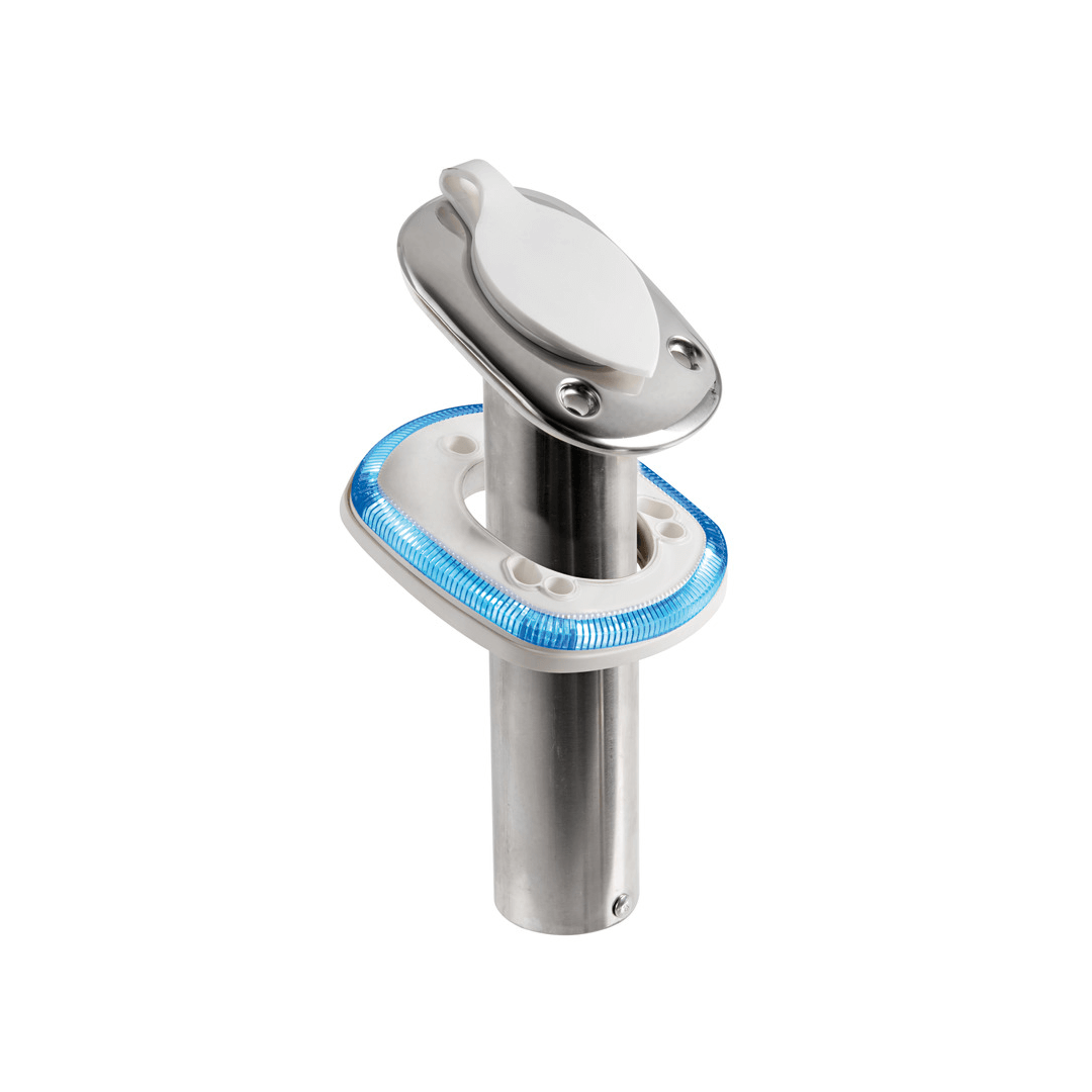 Base LED blu per supporto portacanne a incasso in acciaio inox con coperchio ovale e anello luminoso