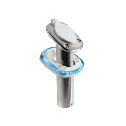 Base LED blu per supporto portacanne a incasso in acciaio inox con coperchio ovale e anello luminoso