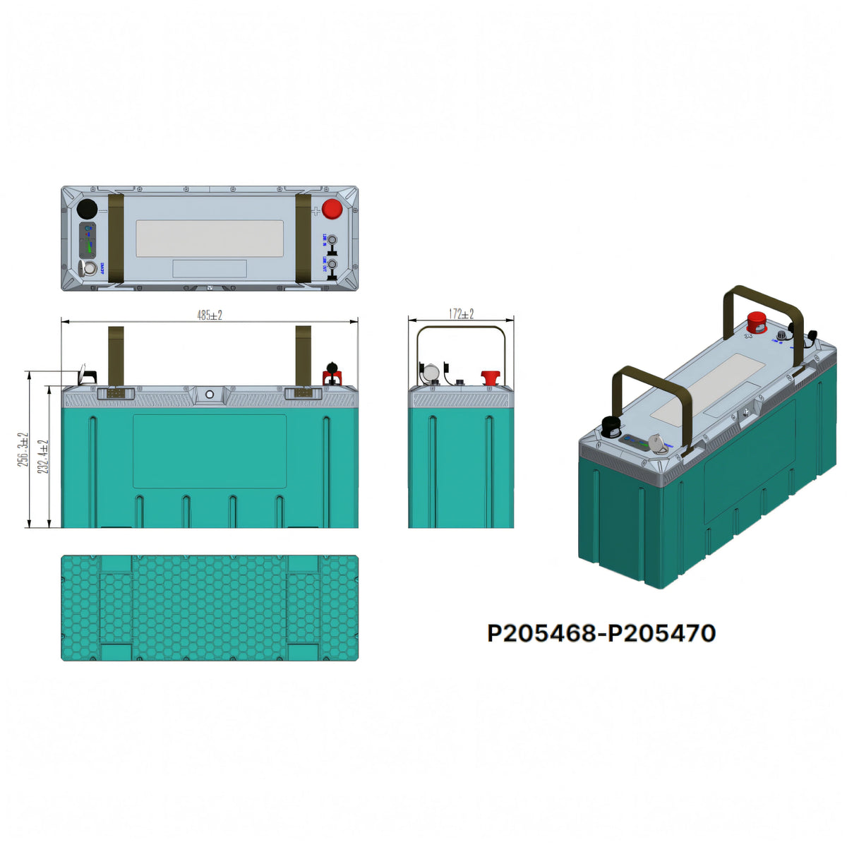 Disegno tecnico batteria Crosseven 12V 200Ah e 24V 100Ah P205468-P205470 dimensioni 485x172x256mm