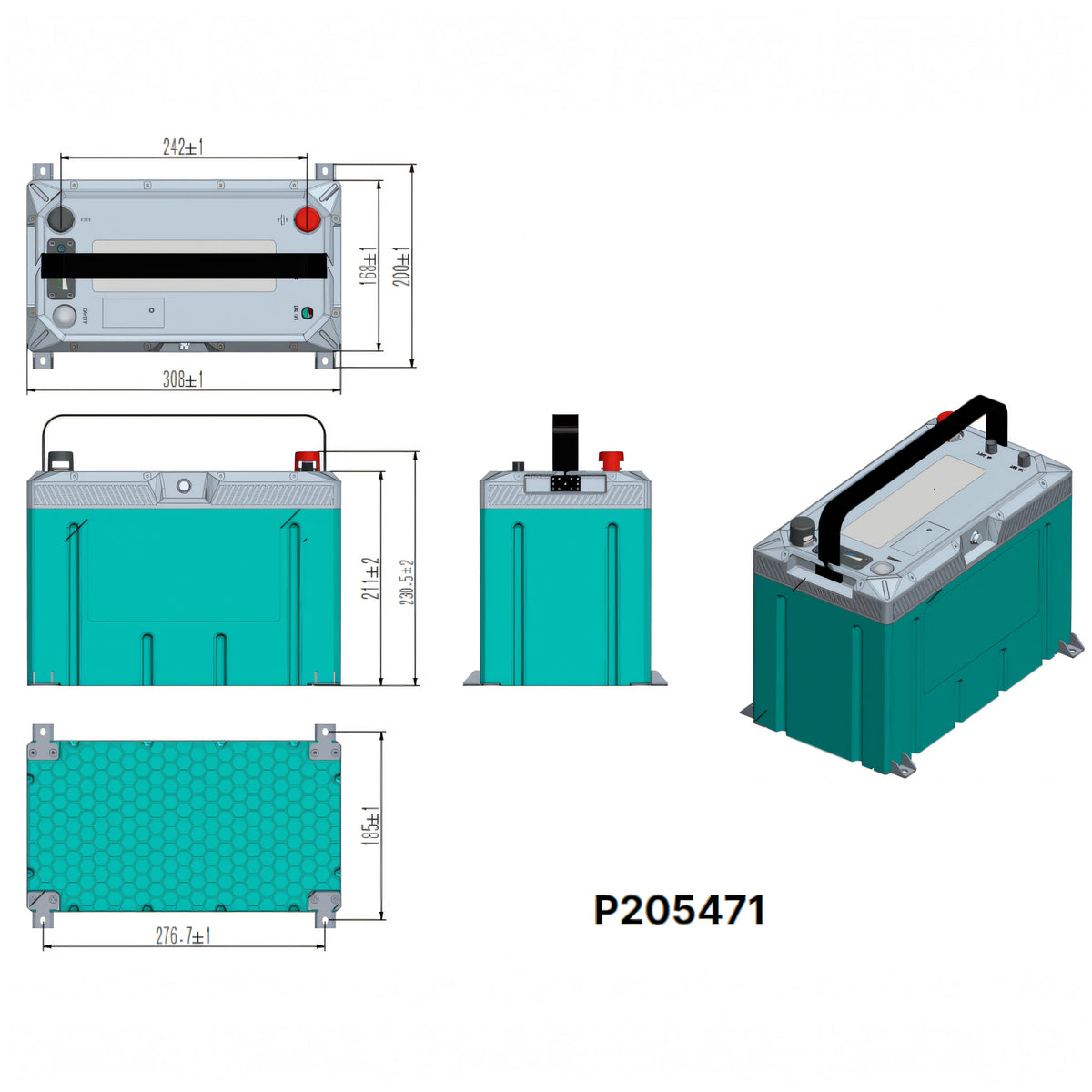 Disegno tecnico batteria Crosseven 12V 100Ah P205471 dimensioni 308x168x230mm