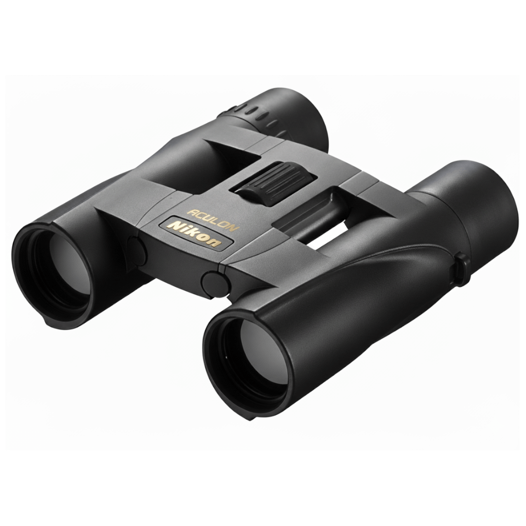 Binocolo compatto Nikon Aculon A30 8x25 con rivestimento in gomma nera, lenti multistrato e design leggero.