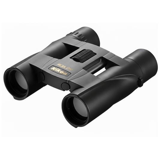 Binocolo compatto Nikon Aculon A30 8x25 con rivestimento in gomma nera, lenti multistrato e design leggero.