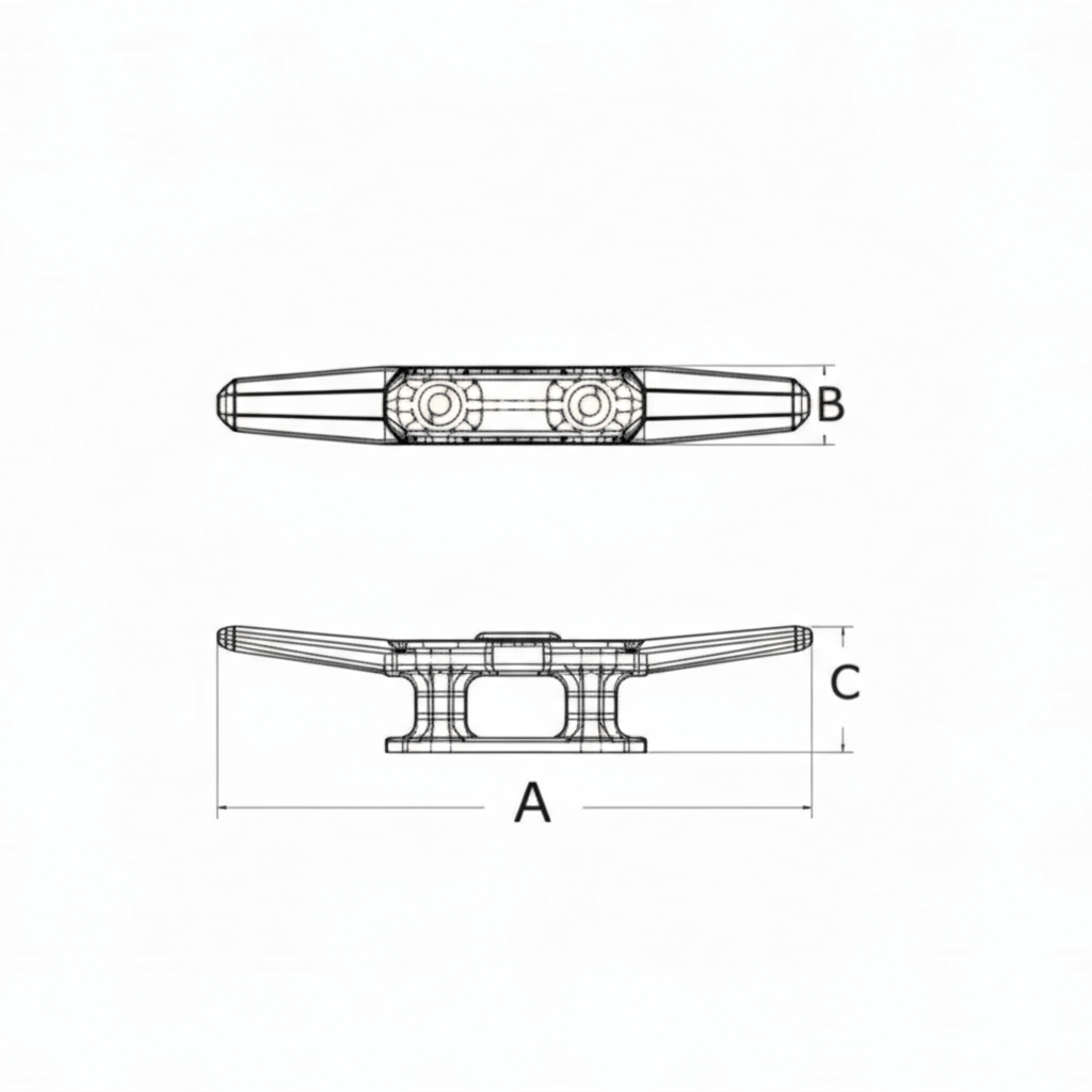 Scheda tecnica bitta in nylon per ormeggio con quote dimensionali A, B, C in vista laterale e superiore