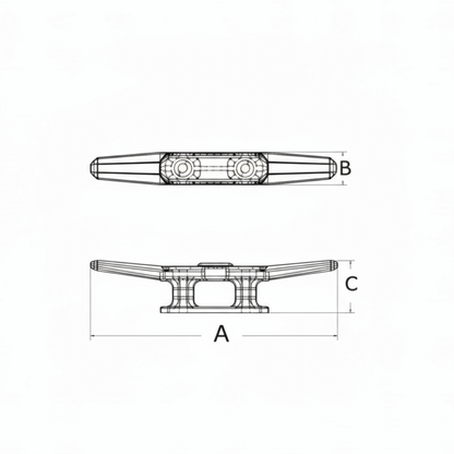 Scheda tecnica bitta in nylon per ormeggio con quote dimensionali A, B, C in vista laterale e superiore