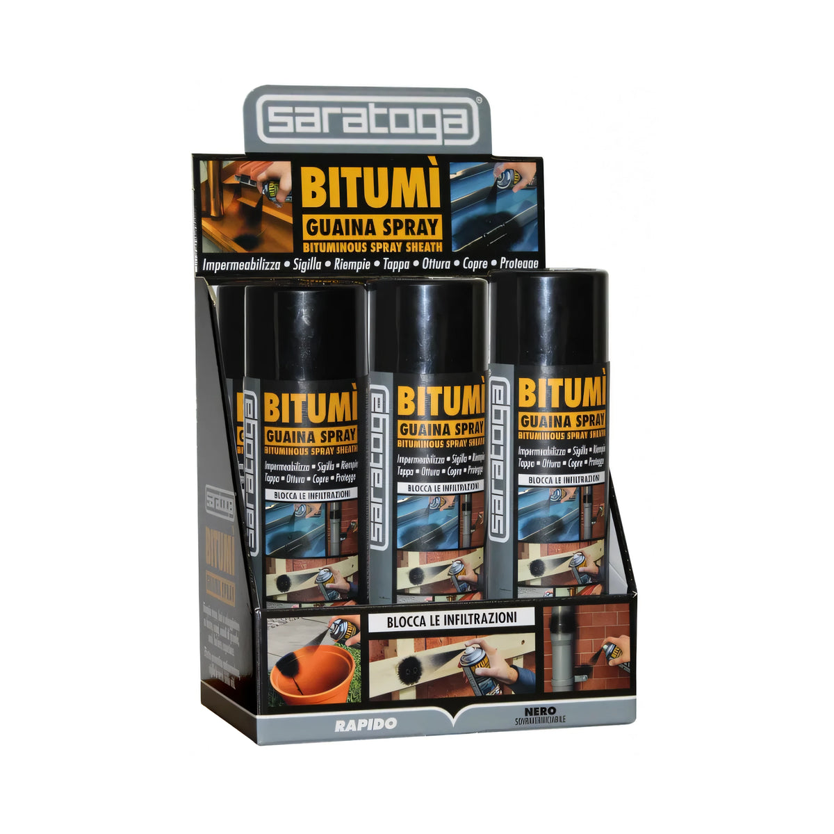 Bombola Bitumì Saratoga guaina spray nero 500 ml in display box da 6 pezzi
