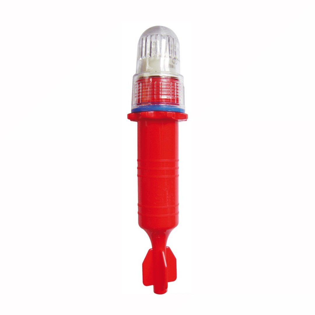 Boetta luminosa LED rossa con cupola trasparente e alette stabilizzatrici, visibilità 3 miglia