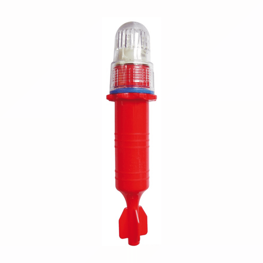 Boetta luminosa LED rossa con cupola trasparente e alette stabilizzatrici, visibilità 3 miglia
